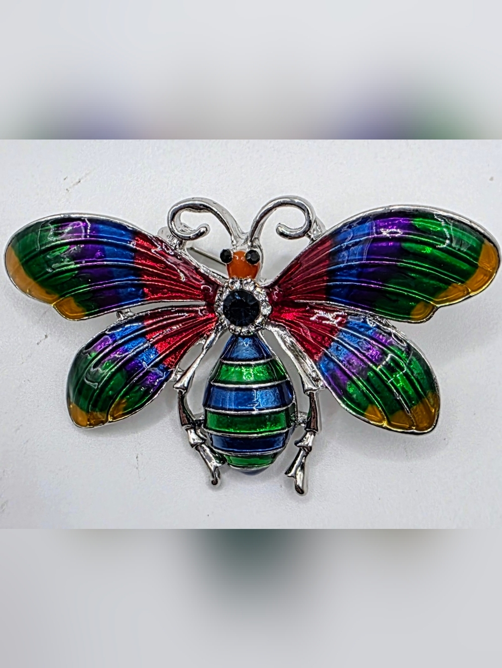 Colorful Dragonfly Brooch Rainbow Enamel Rhinestone Silver Tone Pin